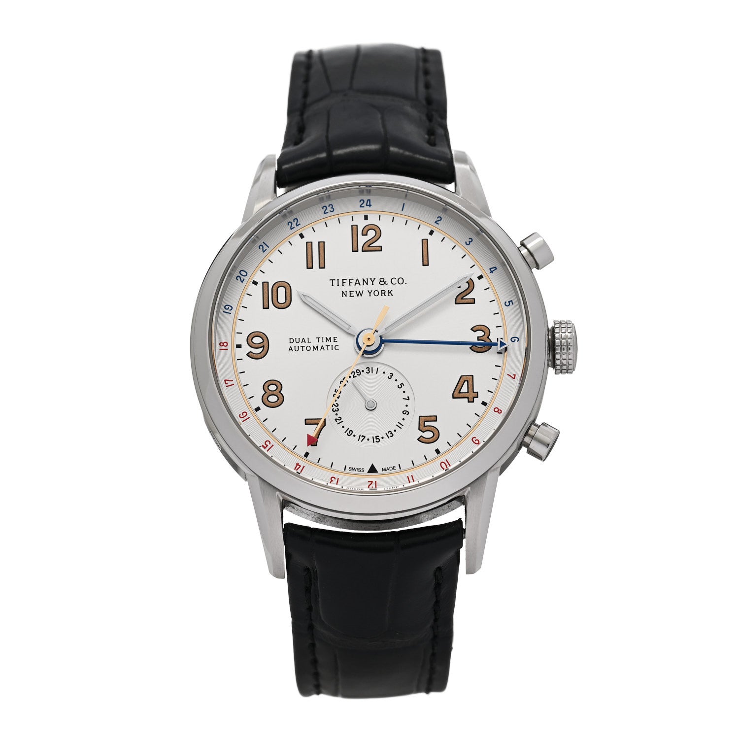 Tiffany Stainless Steel Alligator 40mm CT60 Dual Time Automatic Watch Silver 1 of 4