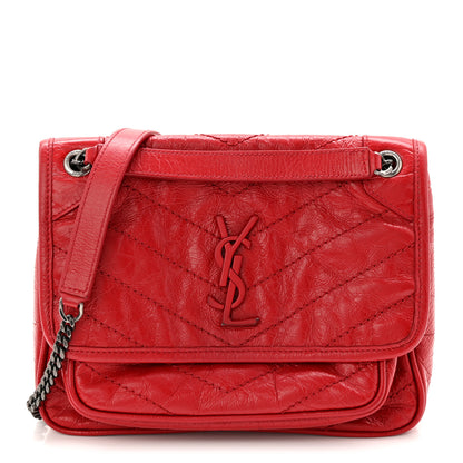 Saint Laurent Crinkled Calfskin Matelasse Monogram Baby Niki Chain Satchel Rouge Eros 1 of 10