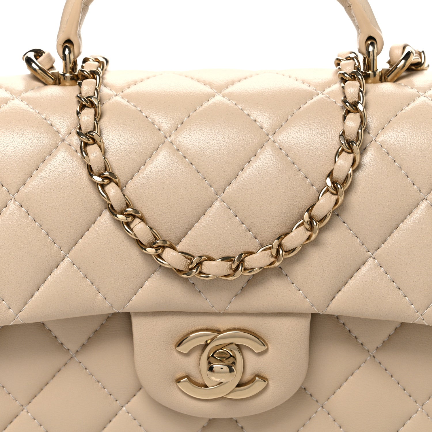 Chanel Lambskin Quilted Mini Top Handle Rectangular Flap Beige