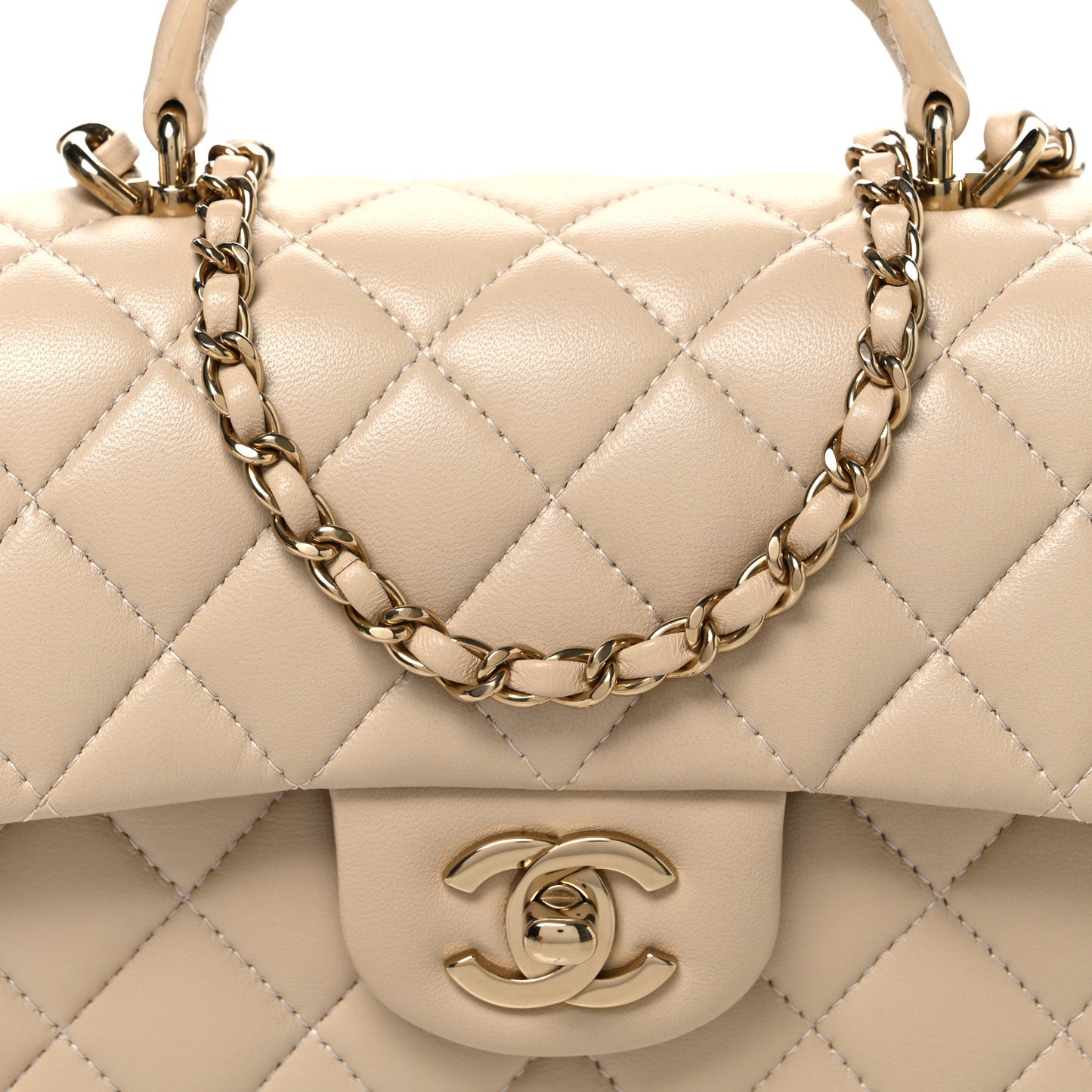 Lambskin Quilted Mini Top Handle Rectangular Flap Beige