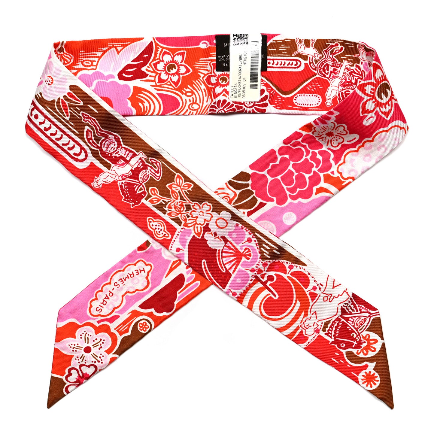 Silk Bingata Twilly Fuchsia Corail Brun