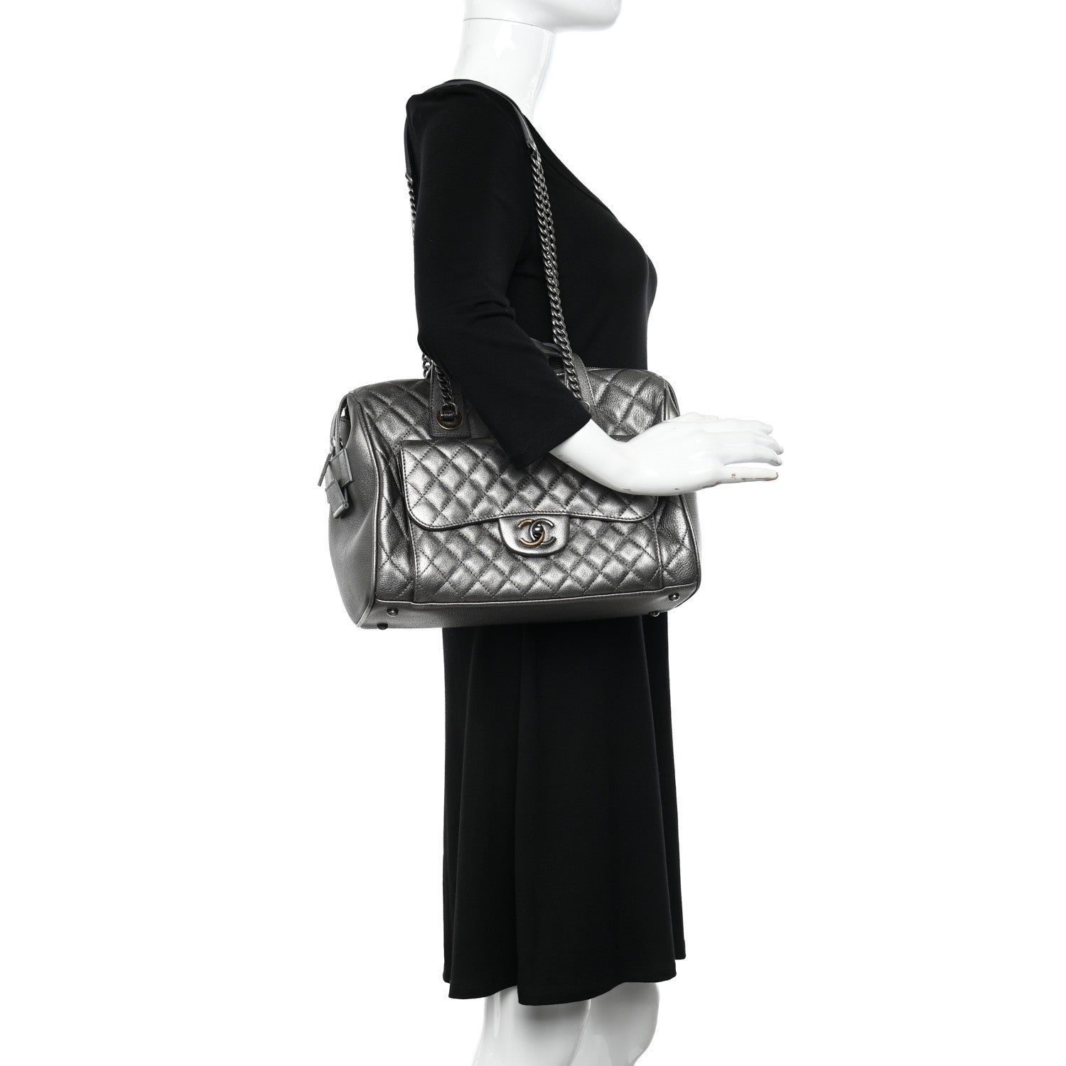 Chanel Metallic Grained Calfskin Quilted Large Casual Pocket Bowling Bag Silver 2 of 12