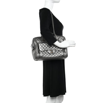 Chanel Metallic Grained Calfskin Quilted Large Casual Pocket Bowling Bag Silver 2 of 12