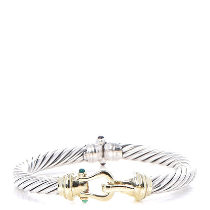 David Yurman Sterling Silver 14K Yellow Gold Green Onyx Pink Tourmaline 7mm Cable Buckle Bracelet 1 of 7