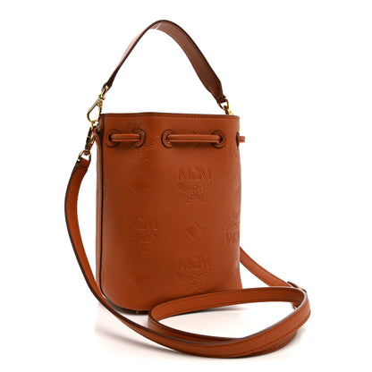 MCM Calfskin Embossed Monogram Mini Dessau Drawstring Bucket Bag Cognac 3 of 9