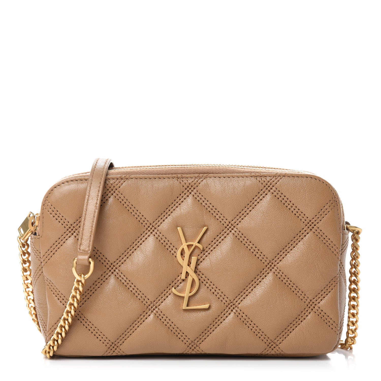 Saint Laurent Grained Lambskin Quilted Mini Becky Double Zip Bag Dark Beige 1 of 11