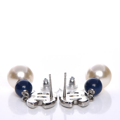 Chanel Enamel Pearl Bead CC Drop Earrings Blue 3 of 4