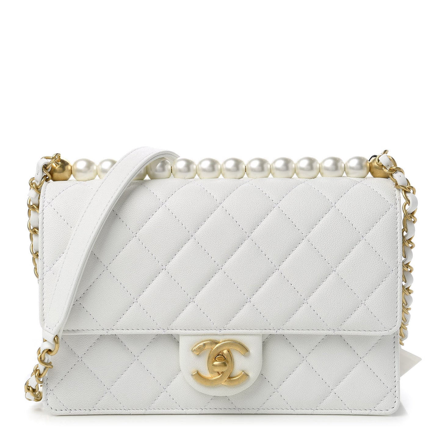 Lambskin Quilted Small Chic Pearls Flap White