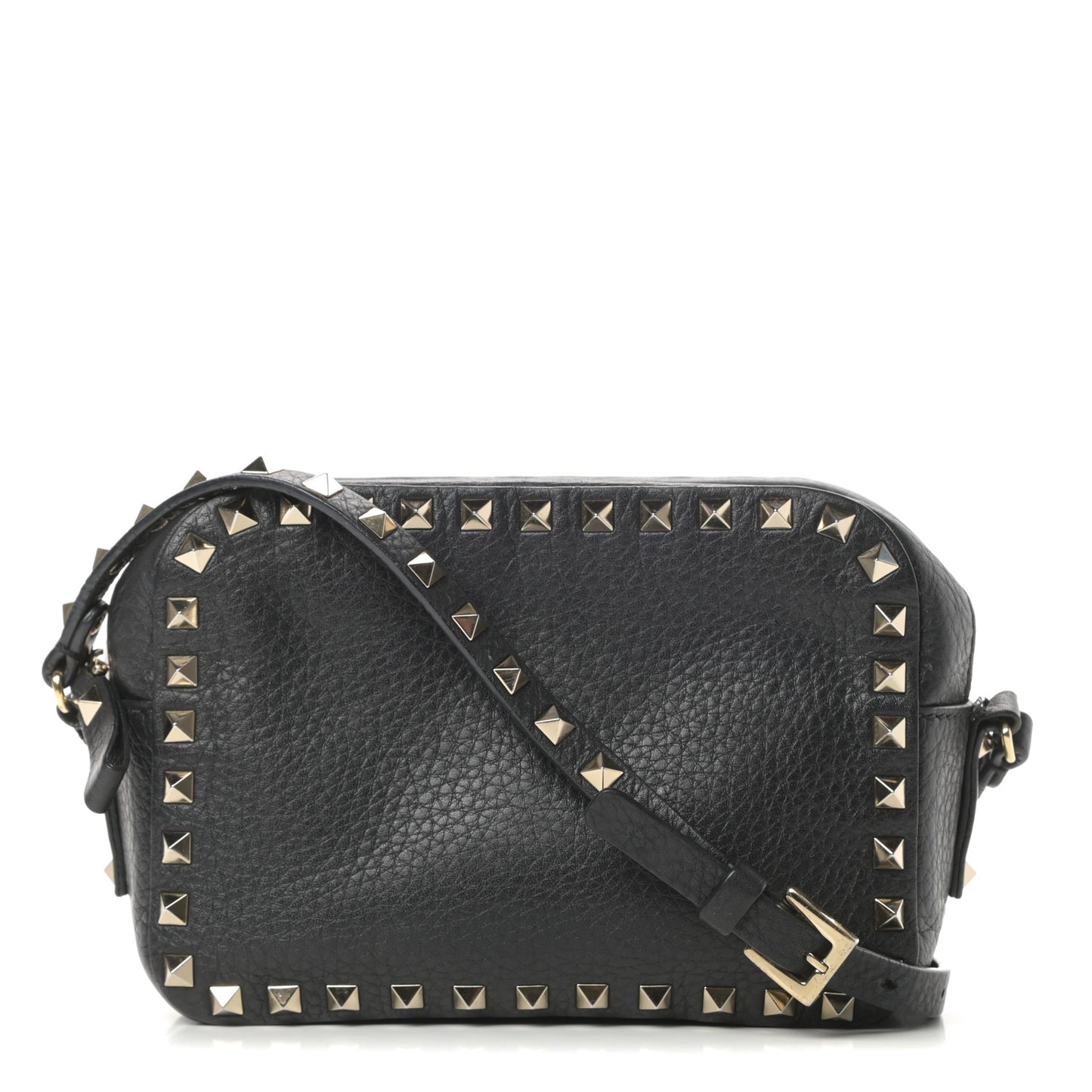 Pebbled Calfskin Rockstud Camera Crossbody Bag Black
