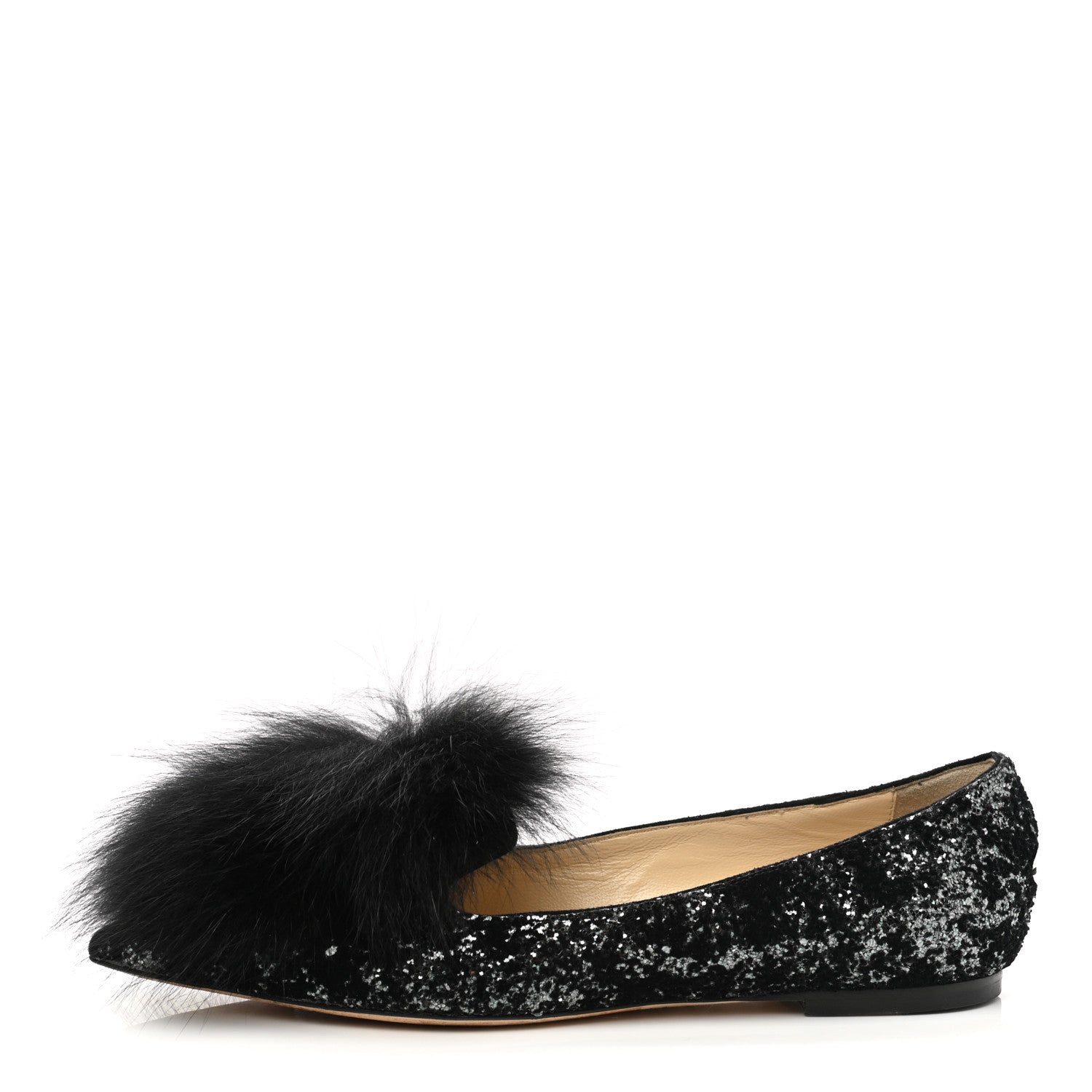 Jimmy Choo Glitter Fox Fur Gale Flats 37 Black 1 of 9