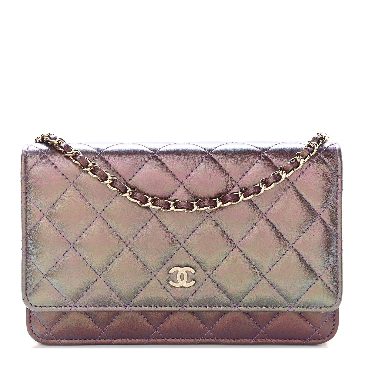 Iridescent Lambskin Quilted Wallet On Chain WOC Dark Purple