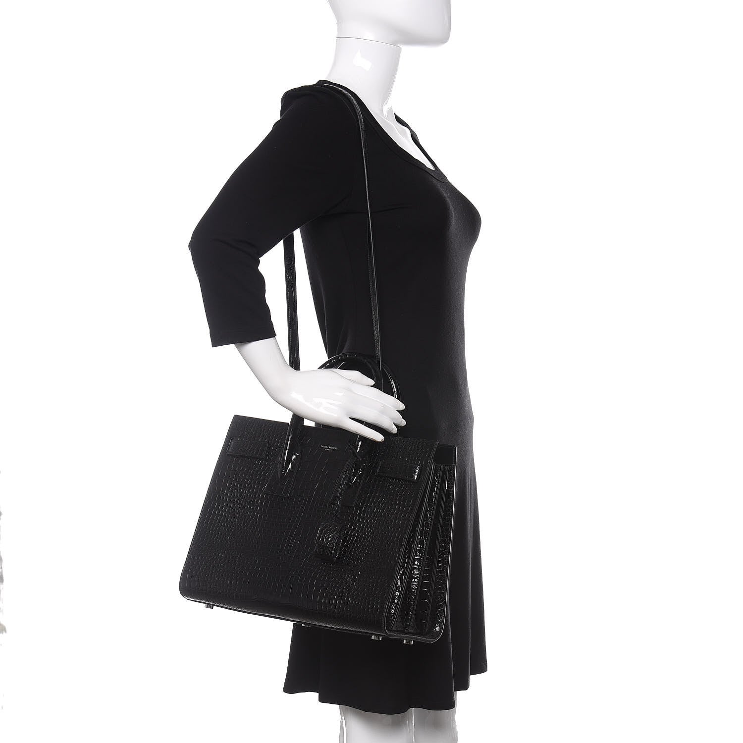 Saint Laurent Calfskin Crocodile Embossed Small Sac de Jour Black 2 of 12