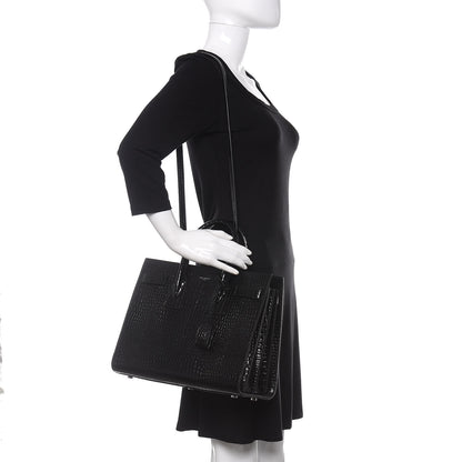 Saint Laurent Calfskin Crocodile Embossed Small Sac de Jour Black 2 of 12