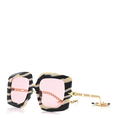Gucci Acetate Zebra GG0722S Detachable Charm Oversized Frame Round Sunglasses Black White 1 of 7