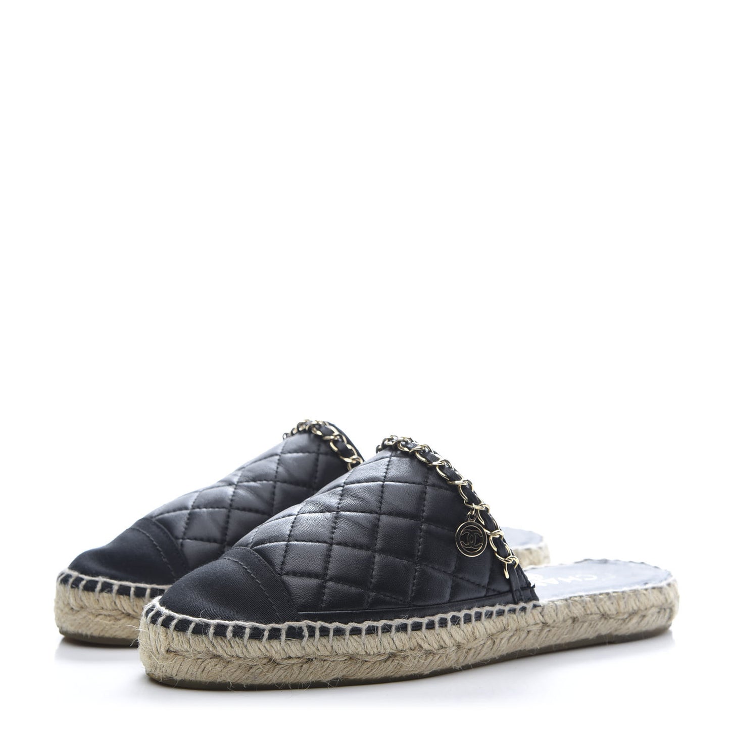 Lambskin Grosgrain Quilted CC Chain Espadrille Mules 37 Black