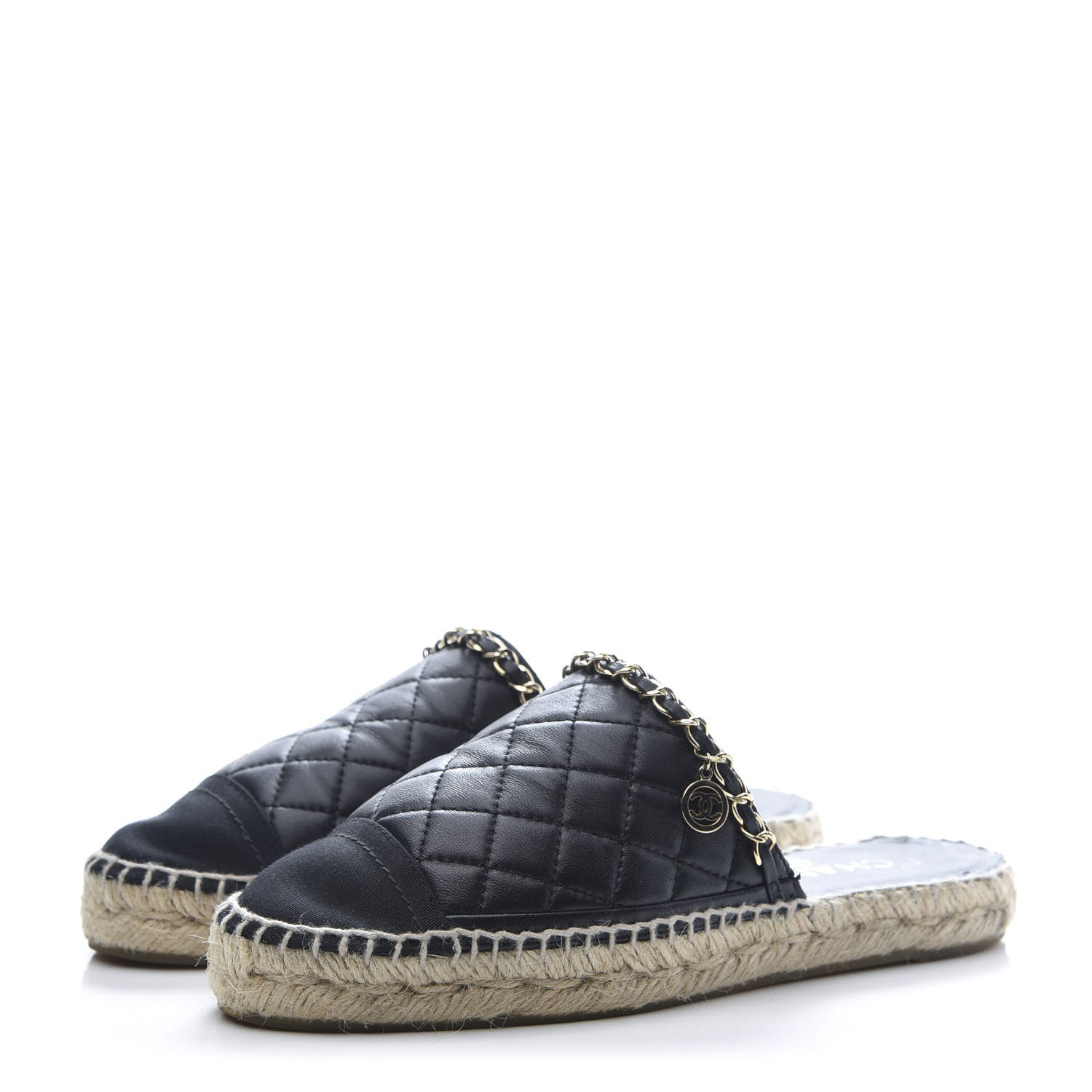 Chanel Lambskin Grosgrain Quilted CC Chain Espadrille Mules 37 Black 3 of 9