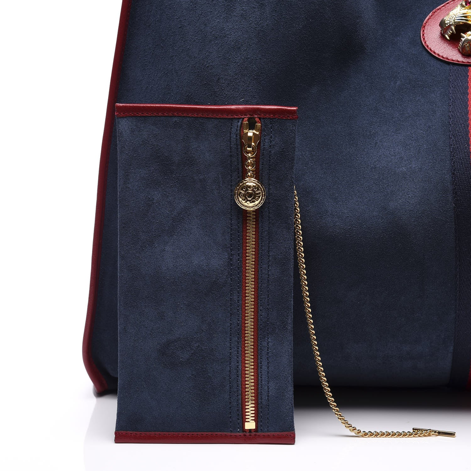 Gucci Suede Calfskin Maxi Rajah Chain Tote New Blue Romantic Cherry 8 of 12