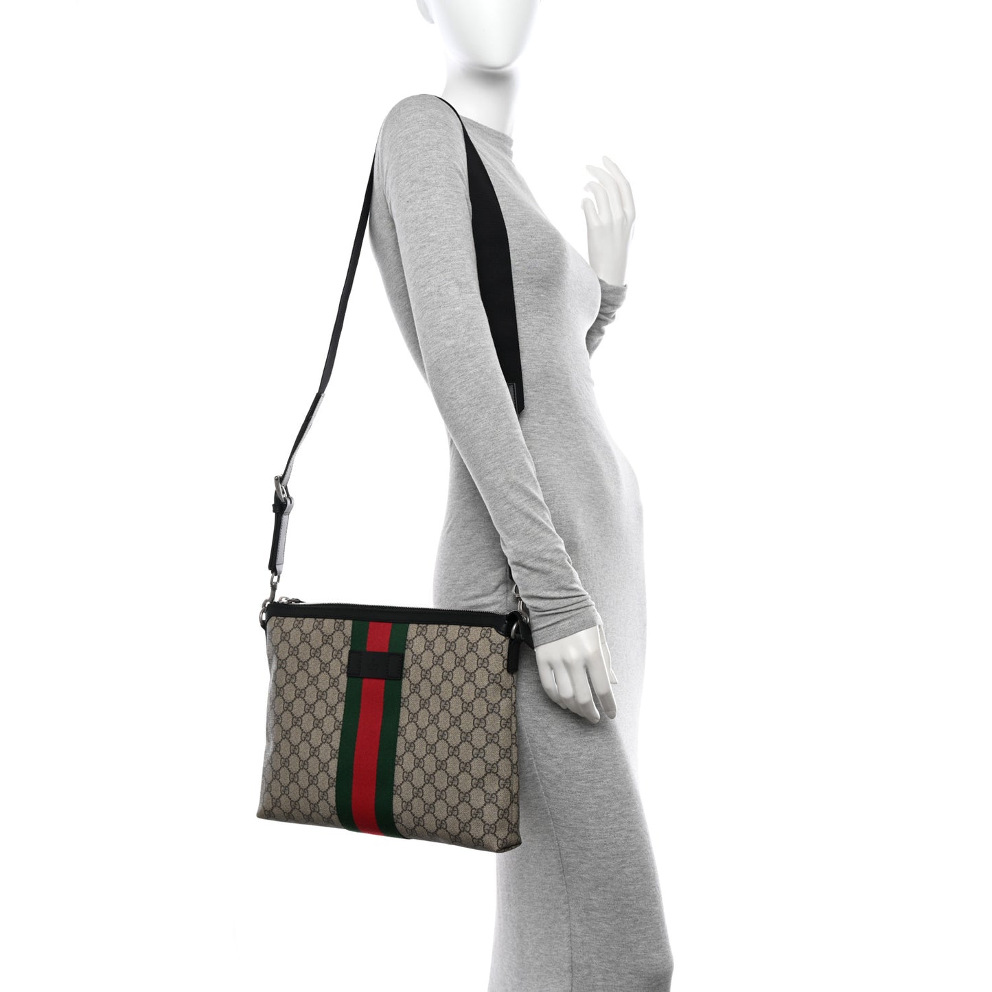 GG Supreme Monogram Calfskin Web Medium Flat Messenger Bag Beige Ebony Black