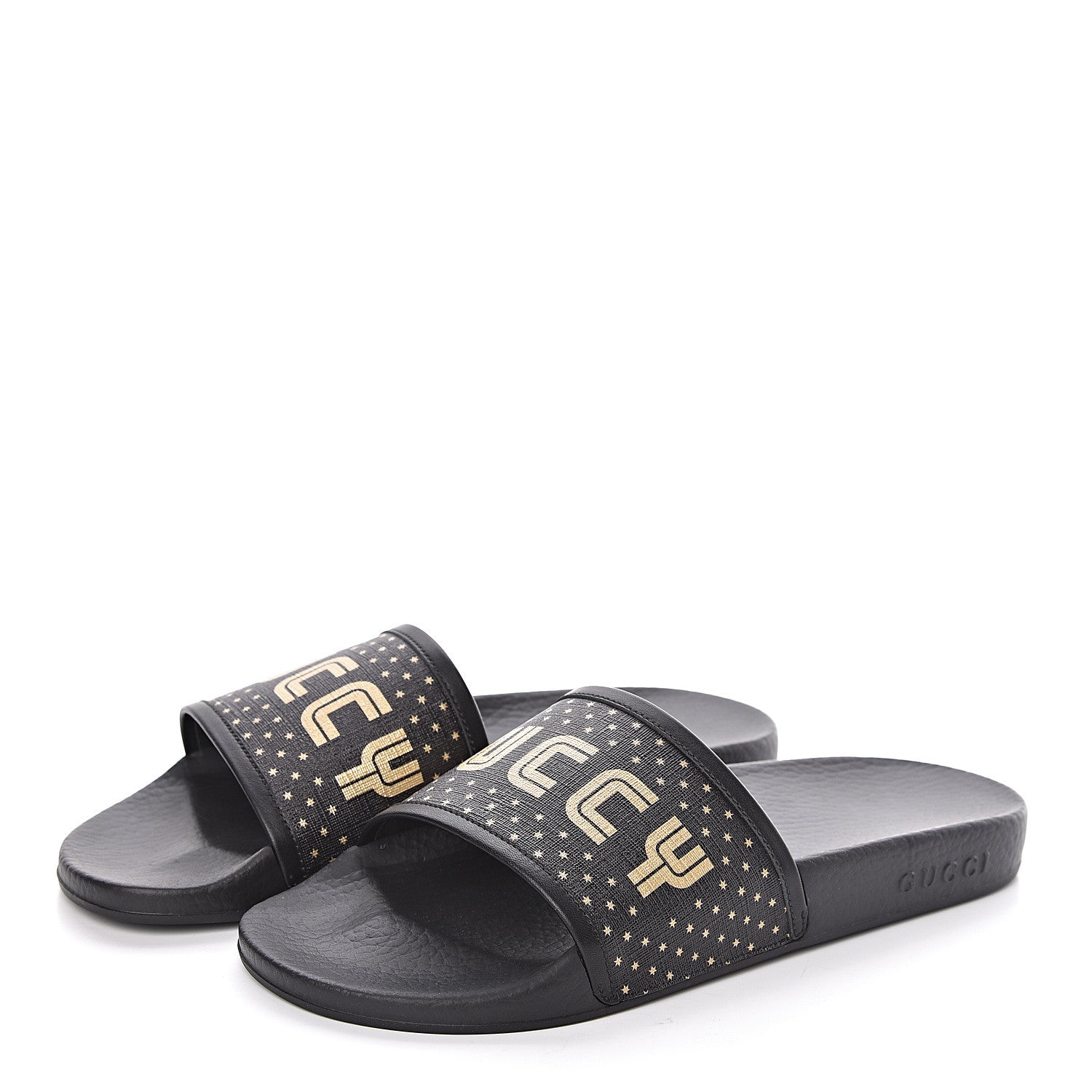 Gucci X SEGA Supreme Canvas GUCCY Stars Womens Slide Sandals 39 Black Gold 3 of 7