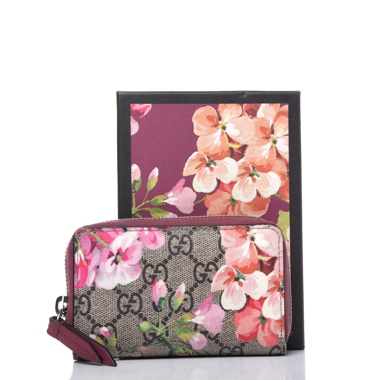 GG Supreme Monogram Blooms Zip Around Card Case Wallet Beige Multicolor Dry Rose