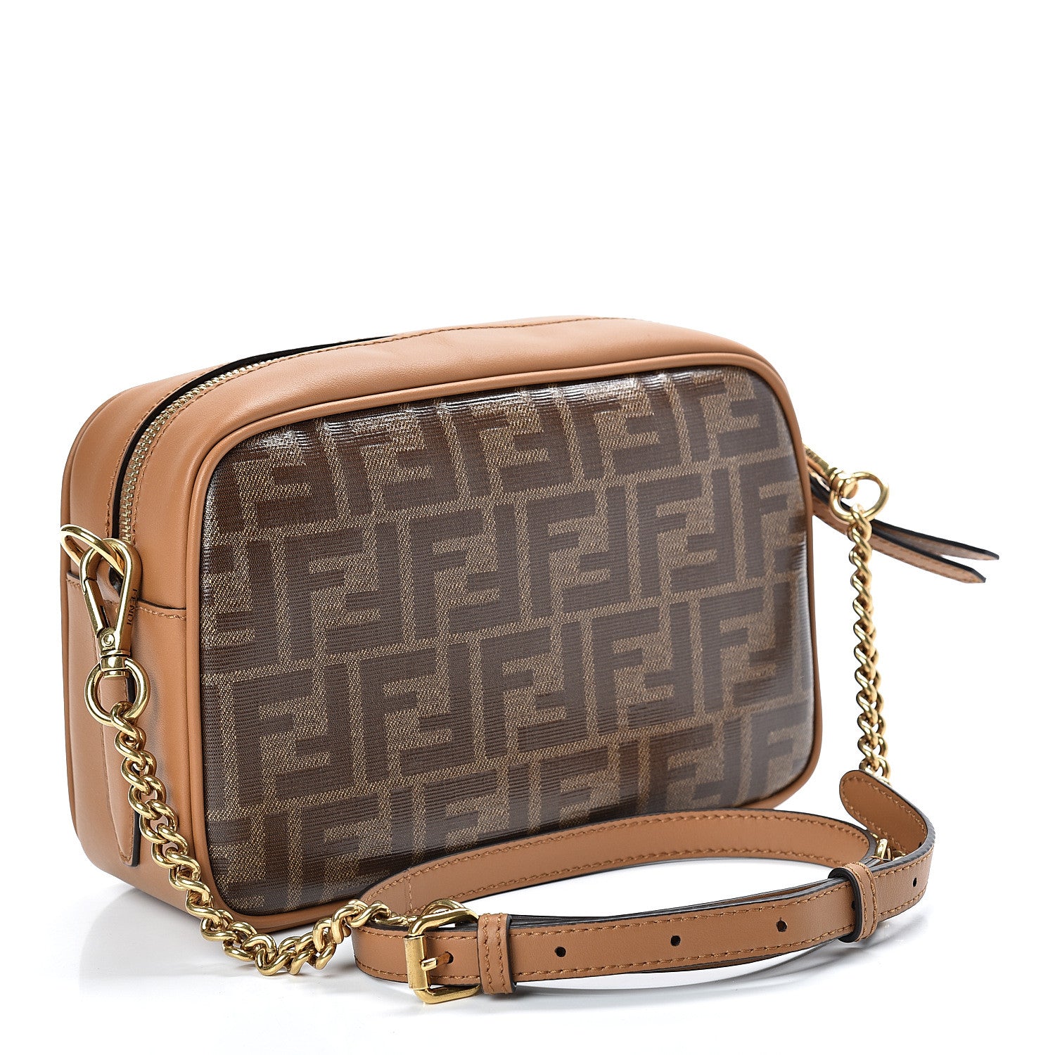 Fendi Glazed Fabric Vitello Century FF 1974 Stamp Patch Camera Case Mogano Panna Caramello 3 of 10