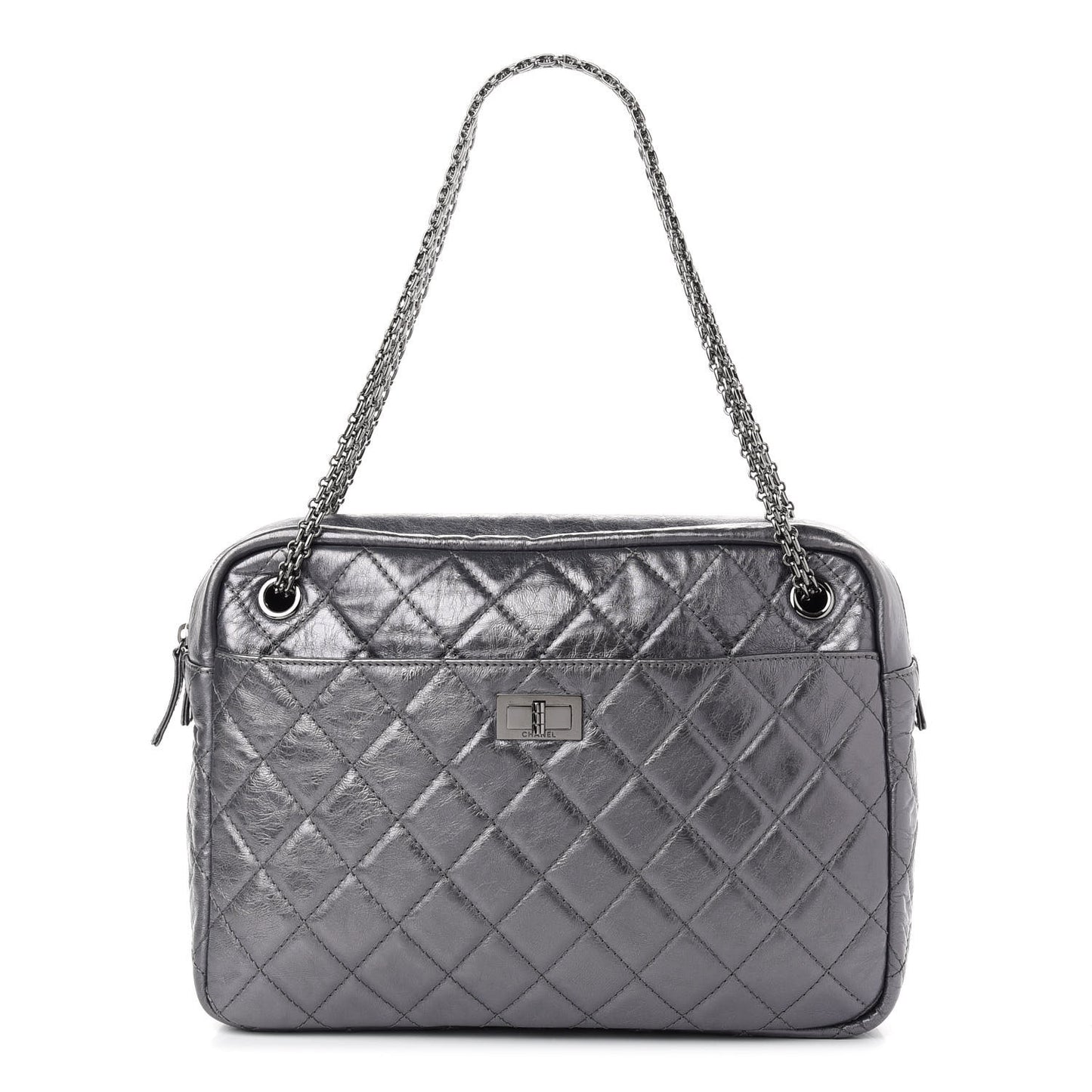 Metallic Aged Calfskin Quilted Large Reissue Camera Case Silver
