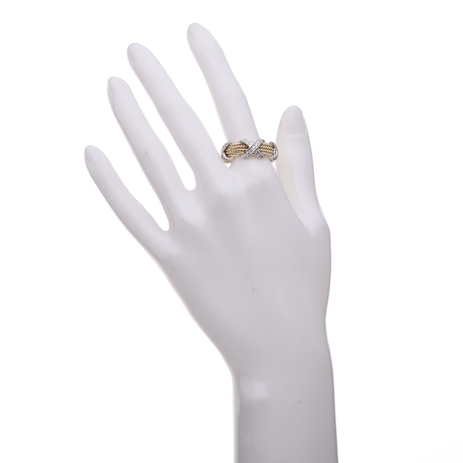 Tiffany 18K Yellow Gold Platinum Diamond Schlumberger Rope Four Row X Ring 57 8 2 of 7