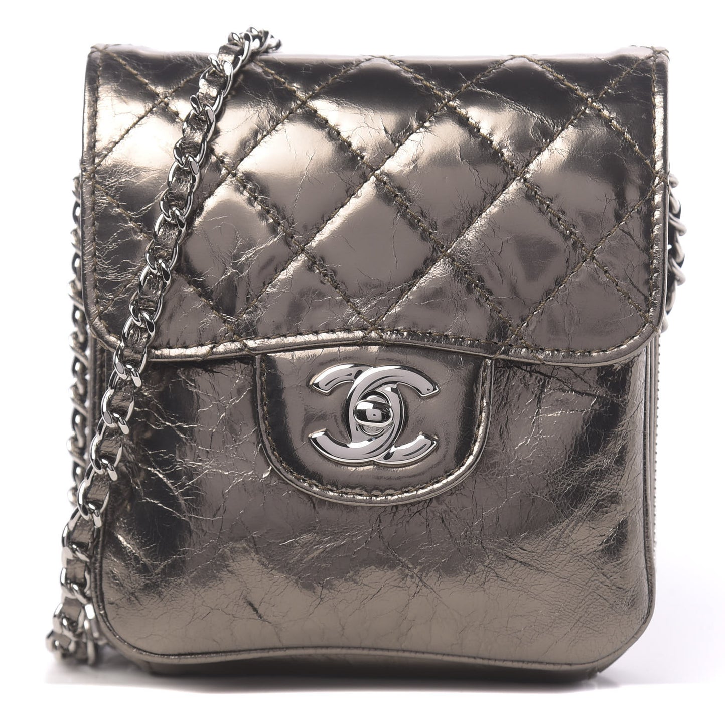 Crackled Aged Calfskin Mini Crossbody Flap Pewter