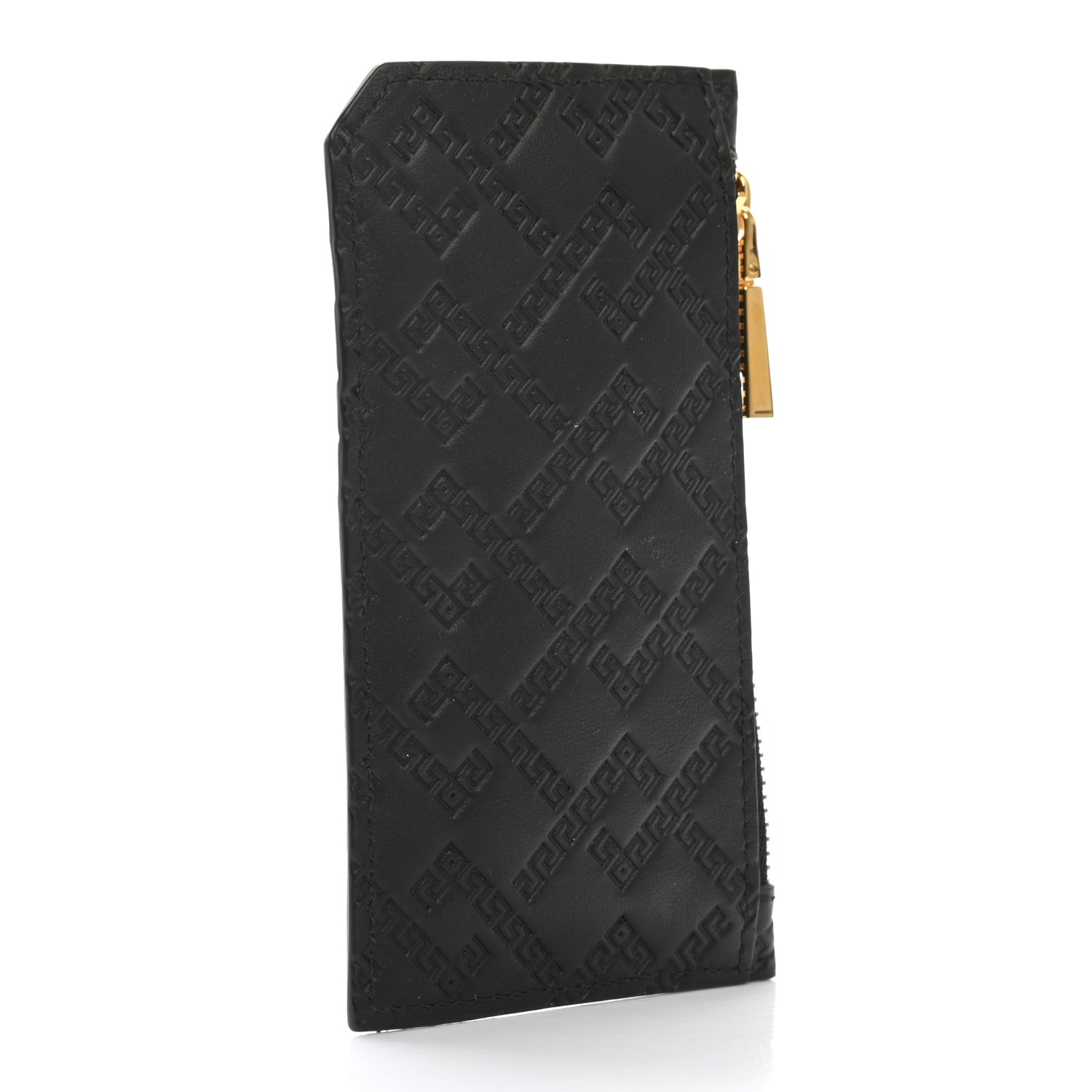 Versace Calfskin Greek Key Embossed Zip Card Holder Black 3 of 6