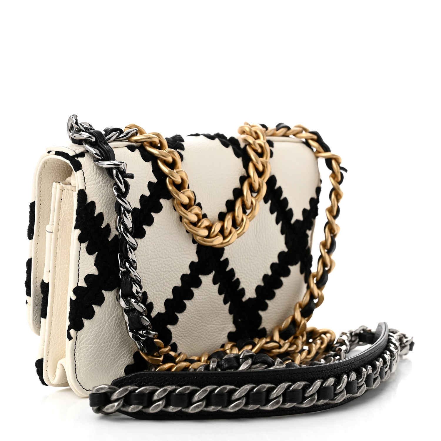 Chanel Calfskin Crochet Chanel 19 Wallet On Chain WOC White Black
