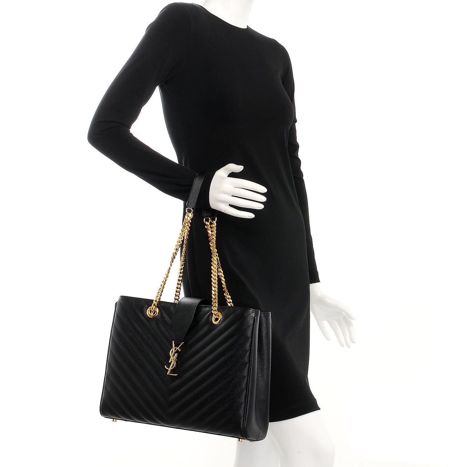 Saint Laurent Grain De Poudre Matelasse Chevron Monogram Shopping Bag Black 2 of 7