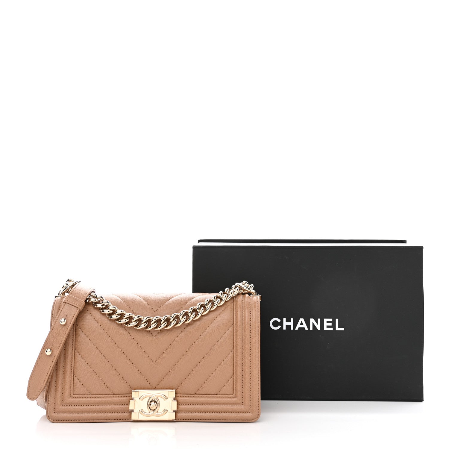 Chanel Caviar Chevron Quilted Medium Boy Flap Dark Beige 11 of 11