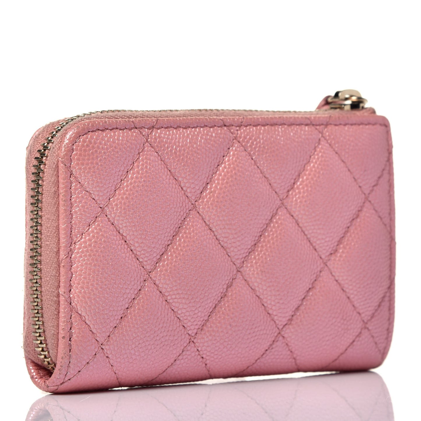 Iridescent Caviar Quilted Zipped Key Holder Case Rose Pink