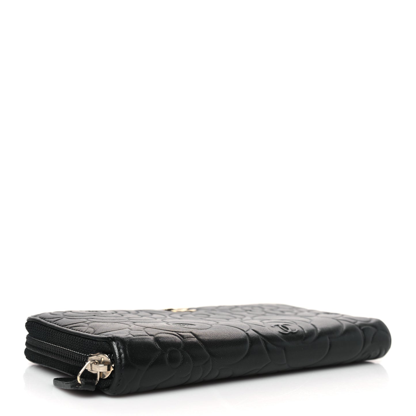 Lambskin Camellia Embossed Large Zip Around Gusset Wallet Black