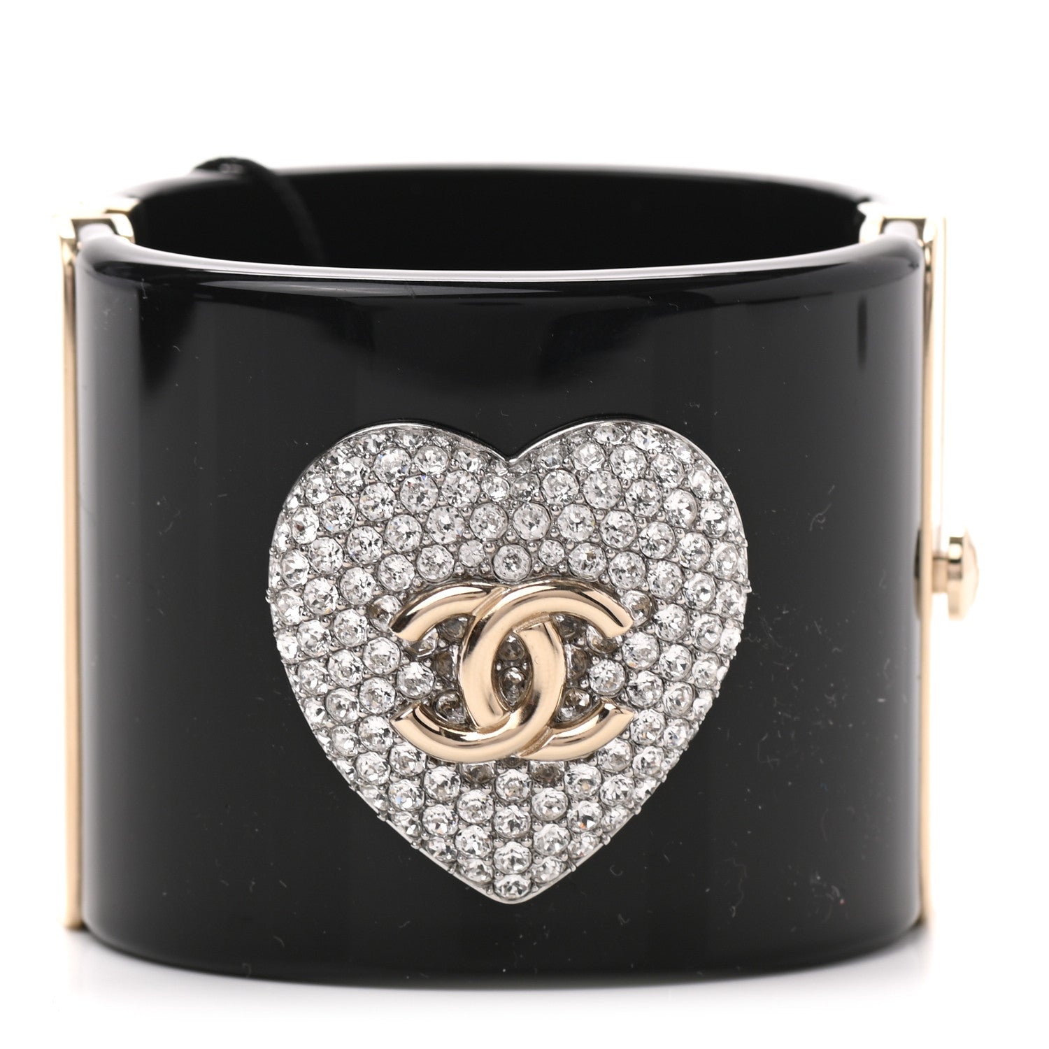 Chanel Resin Crystal Heart CC Cuff Bracelet Black 1 of 4