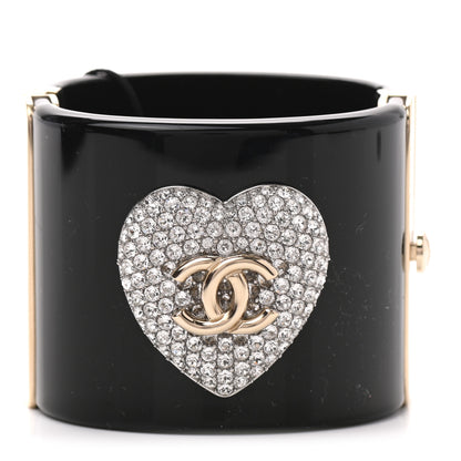 Chanel Resin Crystal Heart CC Cuff Bracelet Black 1 of 4
