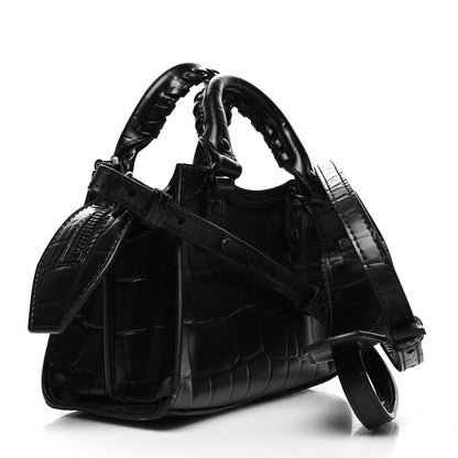 Balenciaga Semi Shiny Calfskin Crocodile Embossed Neo Classic Black Hardware Nano City Crossbody Black 3 of 9