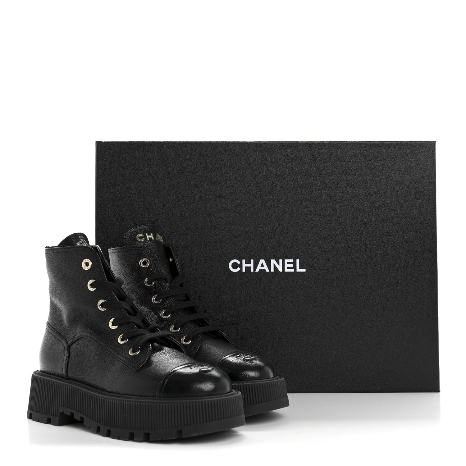Chanel Grained Calfskin Shiny Calfskin CC Lace Up Combat Boots