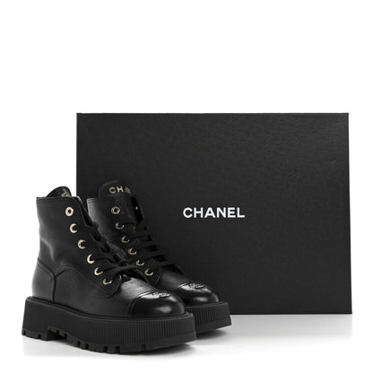 Chanel Grained Calfskin Shiny Calfskin CC Lace Up Combat Boots 37.5 Black 10 of 10