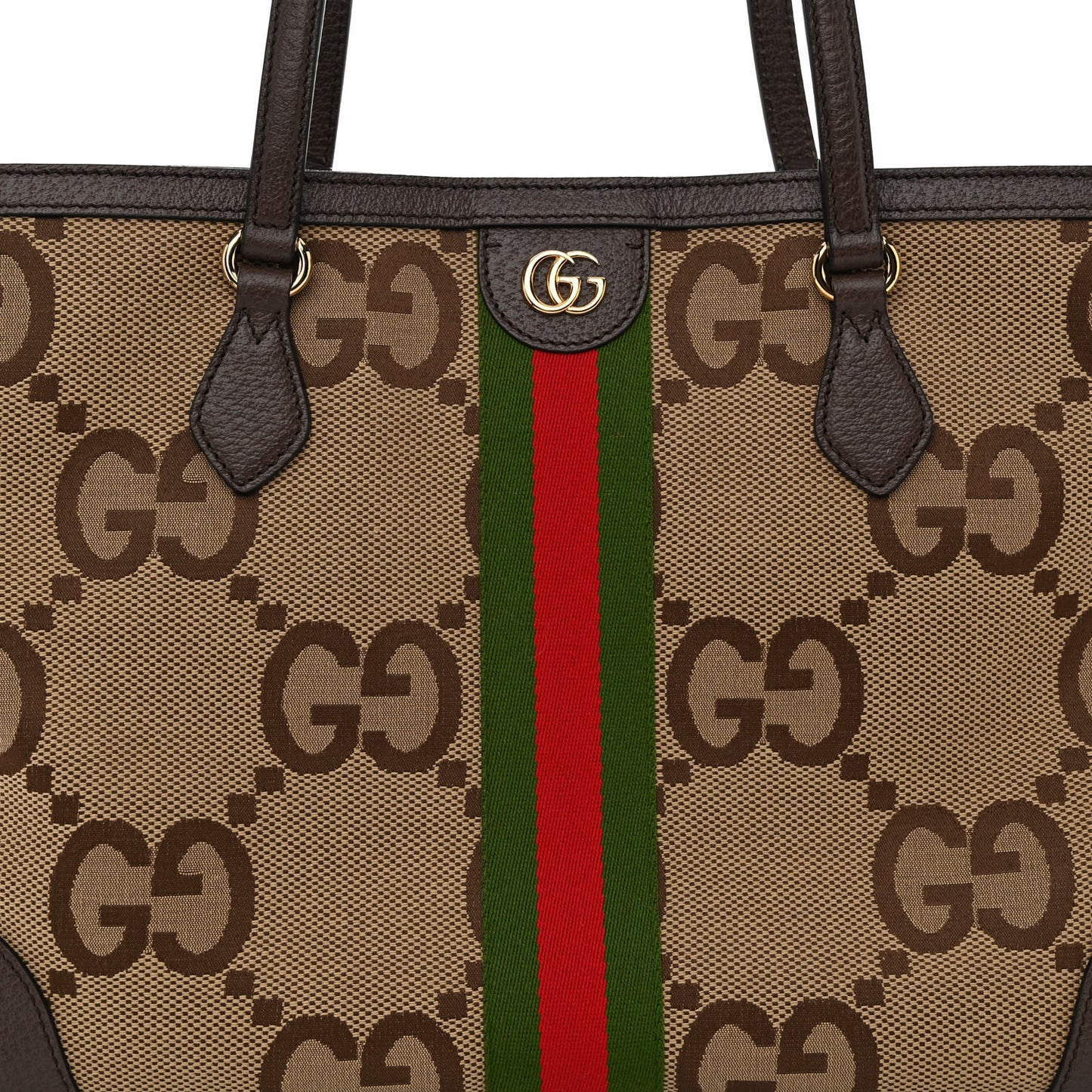 Monogram Jumbo GG Textured Dollar Calfskin Web Medium Ophidia Shopping Tote Camel Ebony