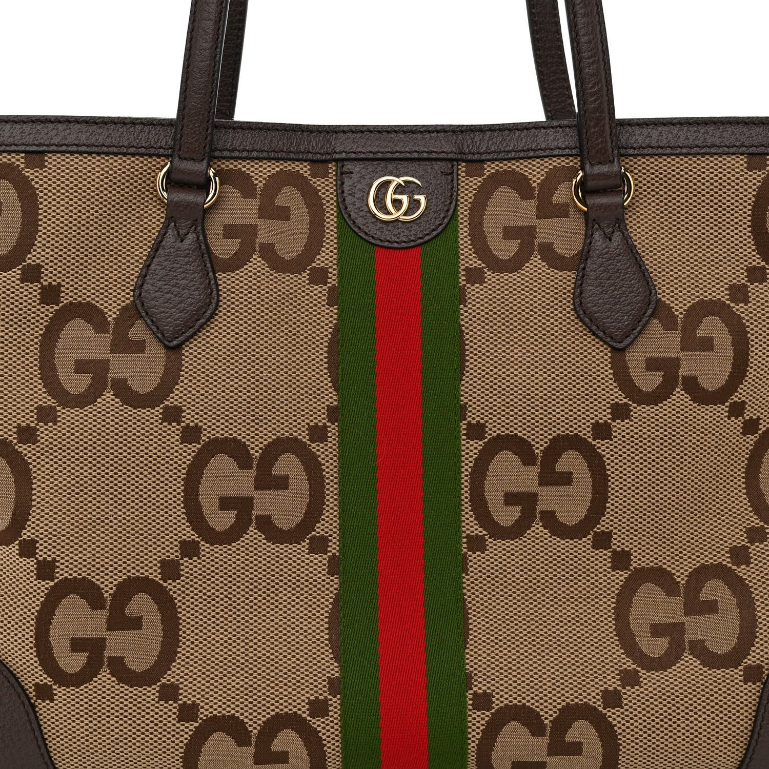 Gucci Monogram Jumbo GG Textured Dollar Calfskin Web Medium Ophidia Shopping Tote Camel Ebony 7 of 10