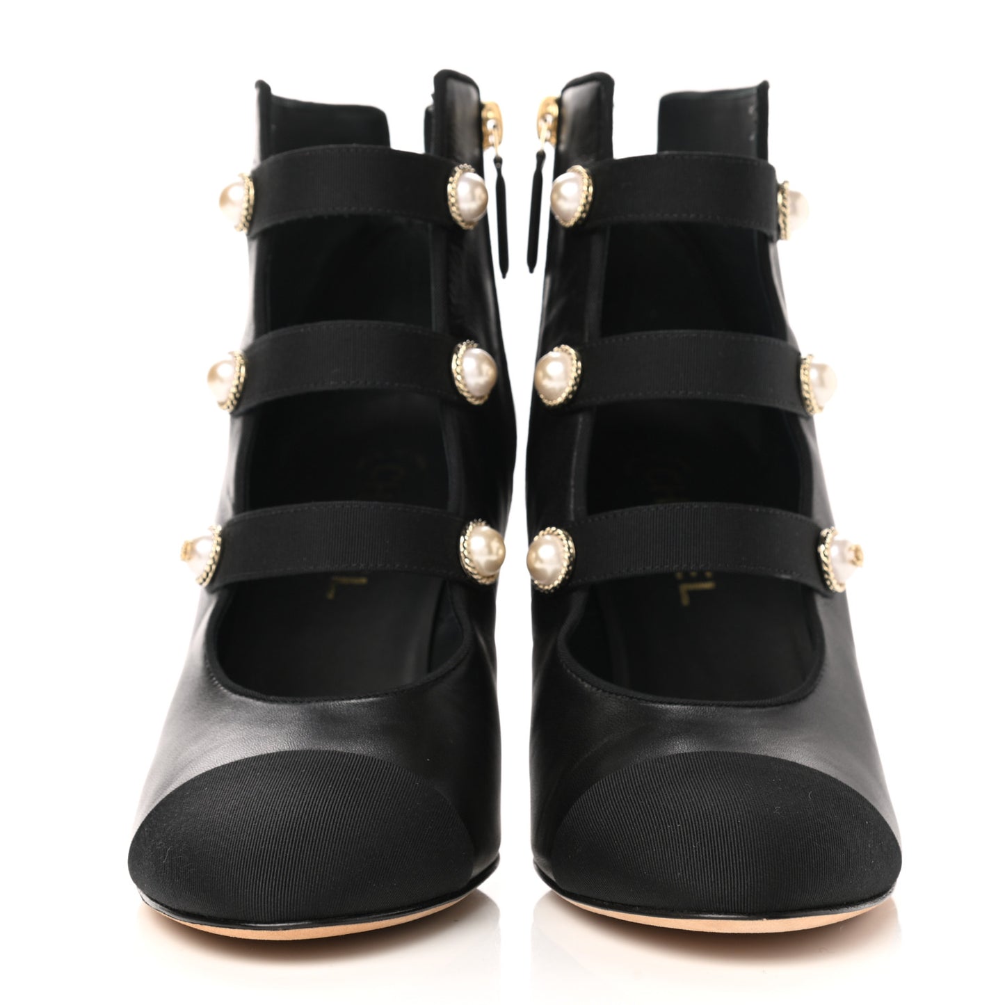 Lambskin Grosgrain Cap Toe Pearl Ankle Boots 39.5 Black