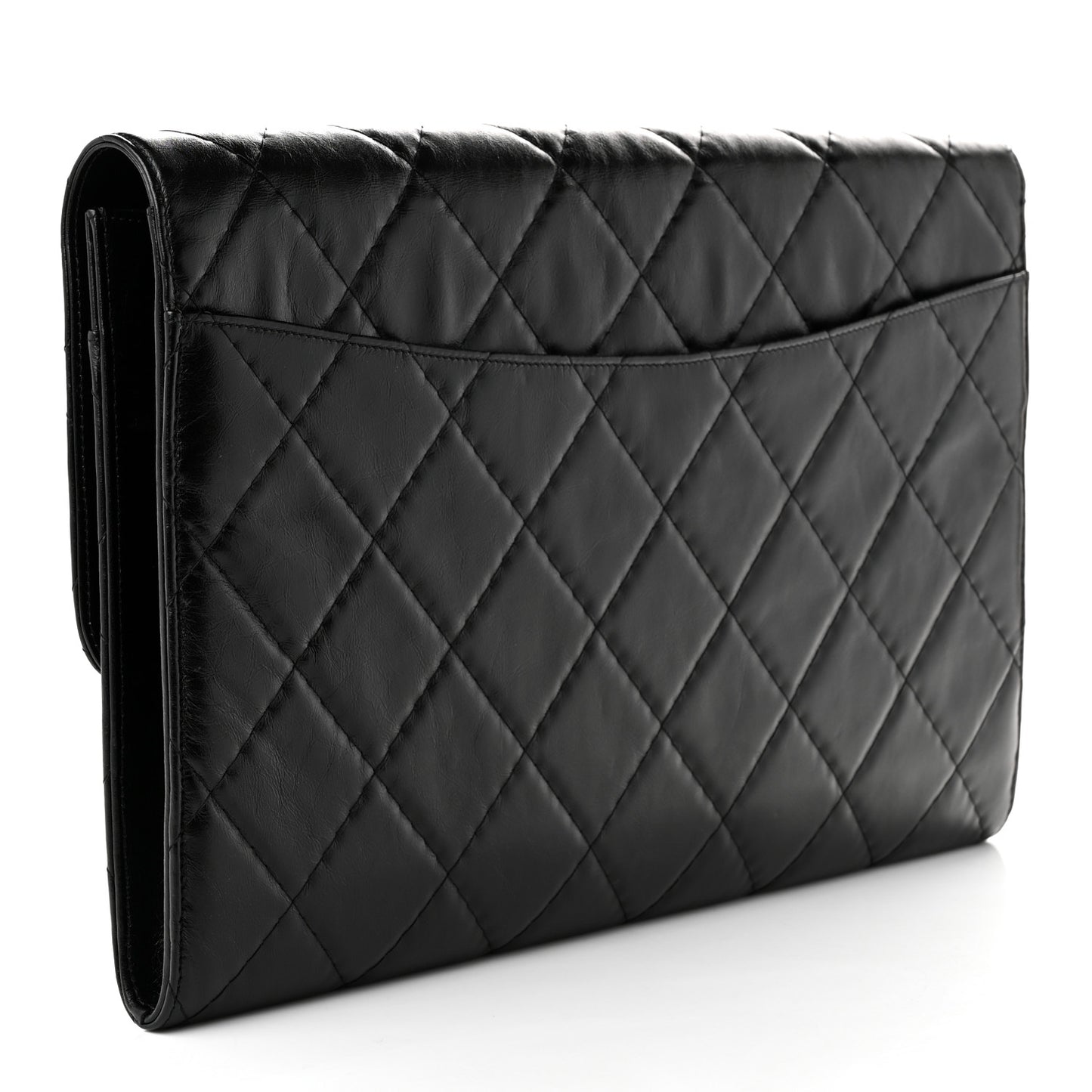 Shiny Crumpled Calfskin Quilted Large Clutch Black