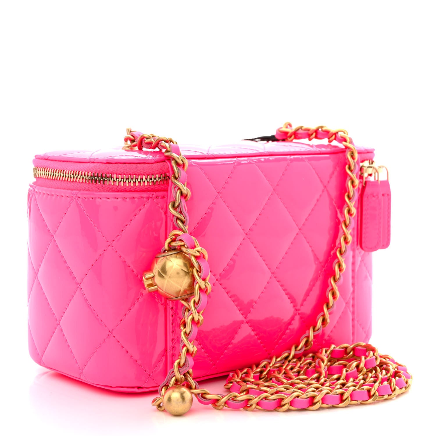 Chanel Patent Quilted Pearl Crush Small Vanity Case With Chain Neon Pink 3 of 11