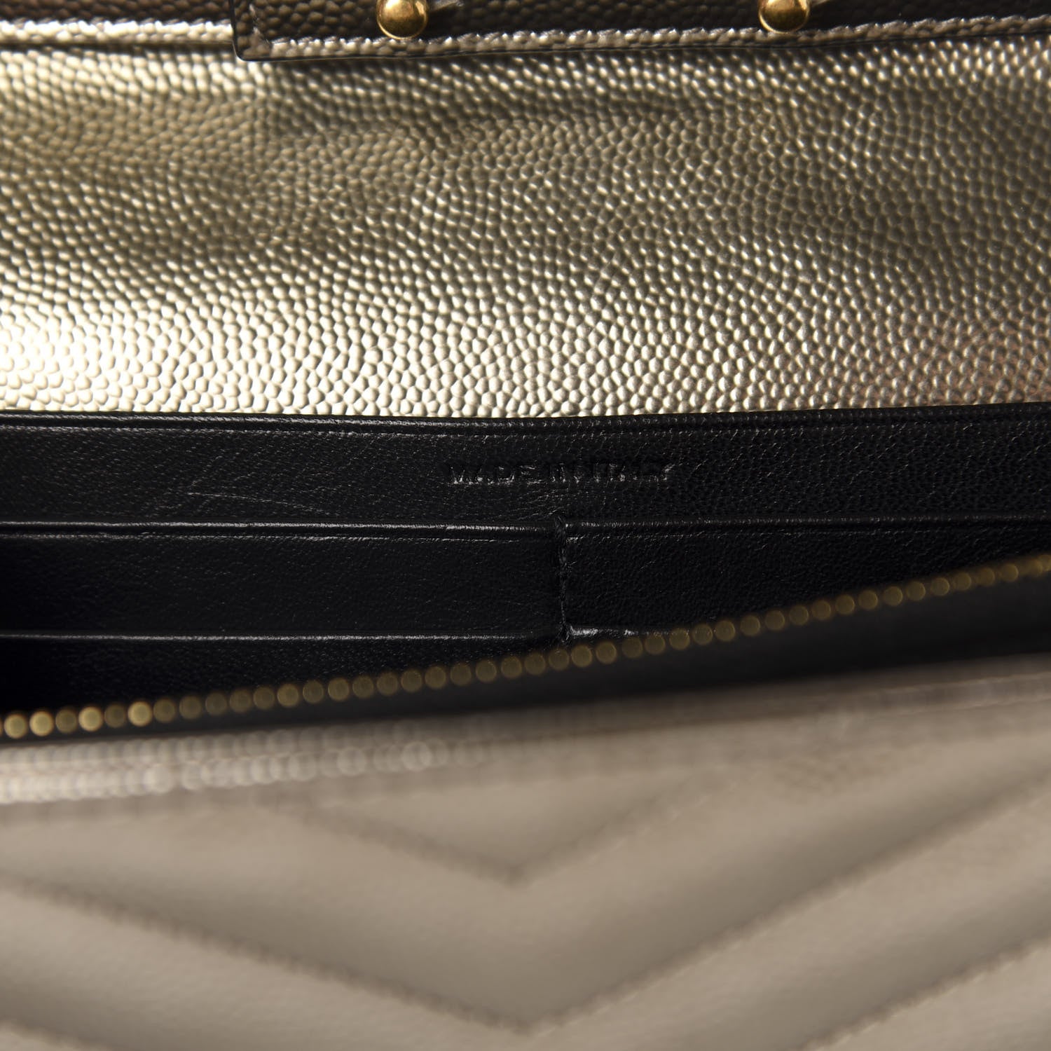 Saint Laurent Metallic Grain De Poudre Matelasse Chevron Monogram Chain Wallet Piombo 9 of 12