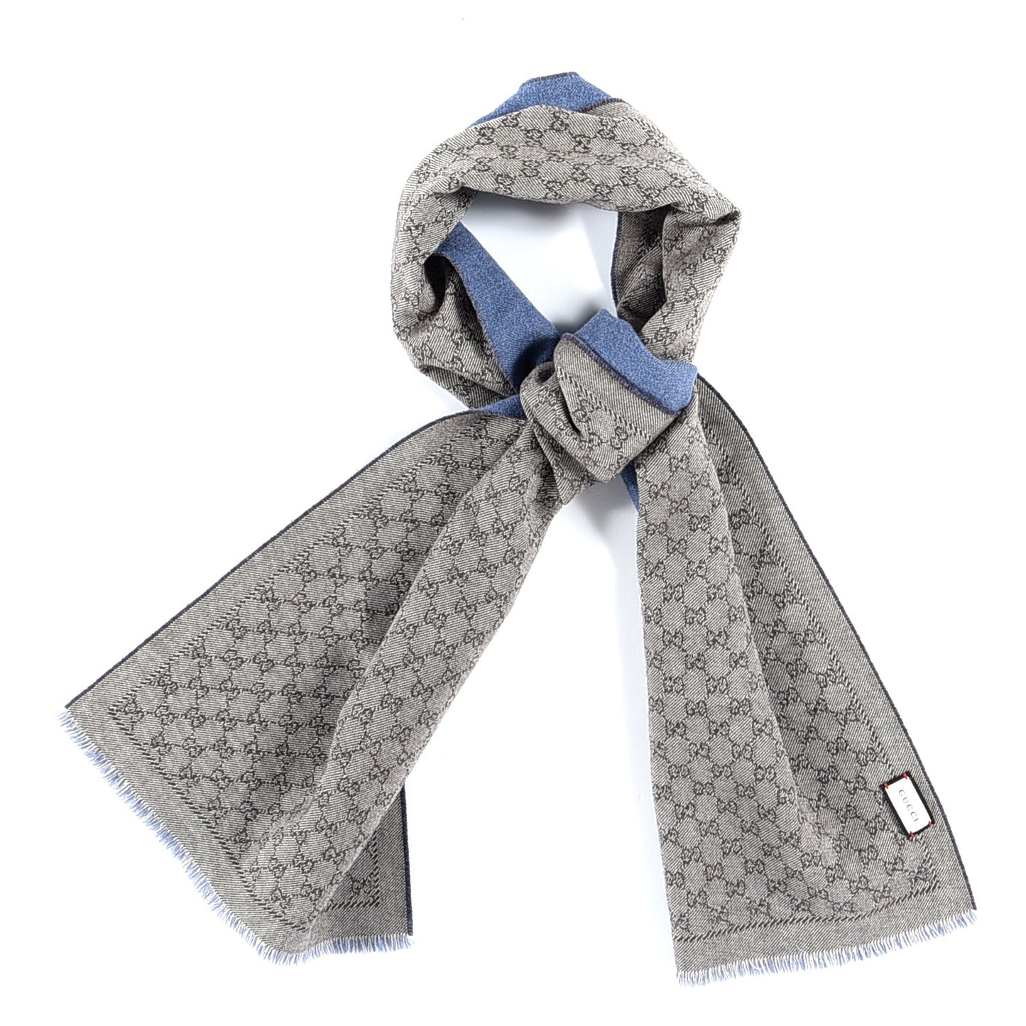Wool Jacquard Monogram Fringe Scarf Grey Blue