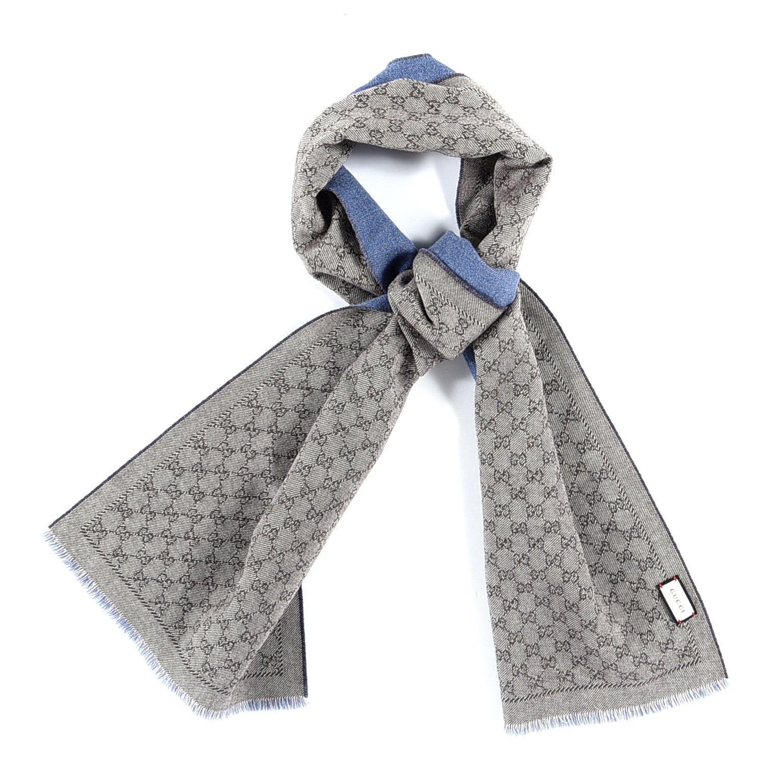 Gucci Wool Jacquard Monogram Fringe Scarf Grey Blue 1 of 3