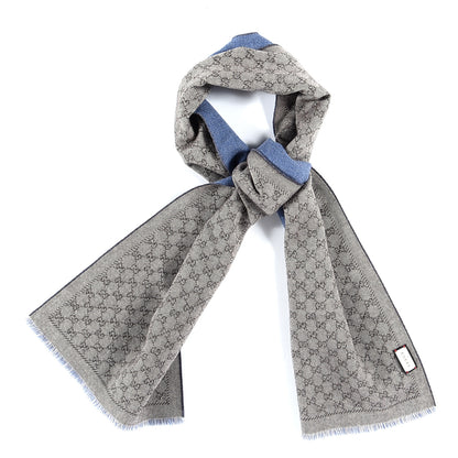 Gucci Wool Jacquard Monogram Fringe Scarf Grey Blue 1 of 3