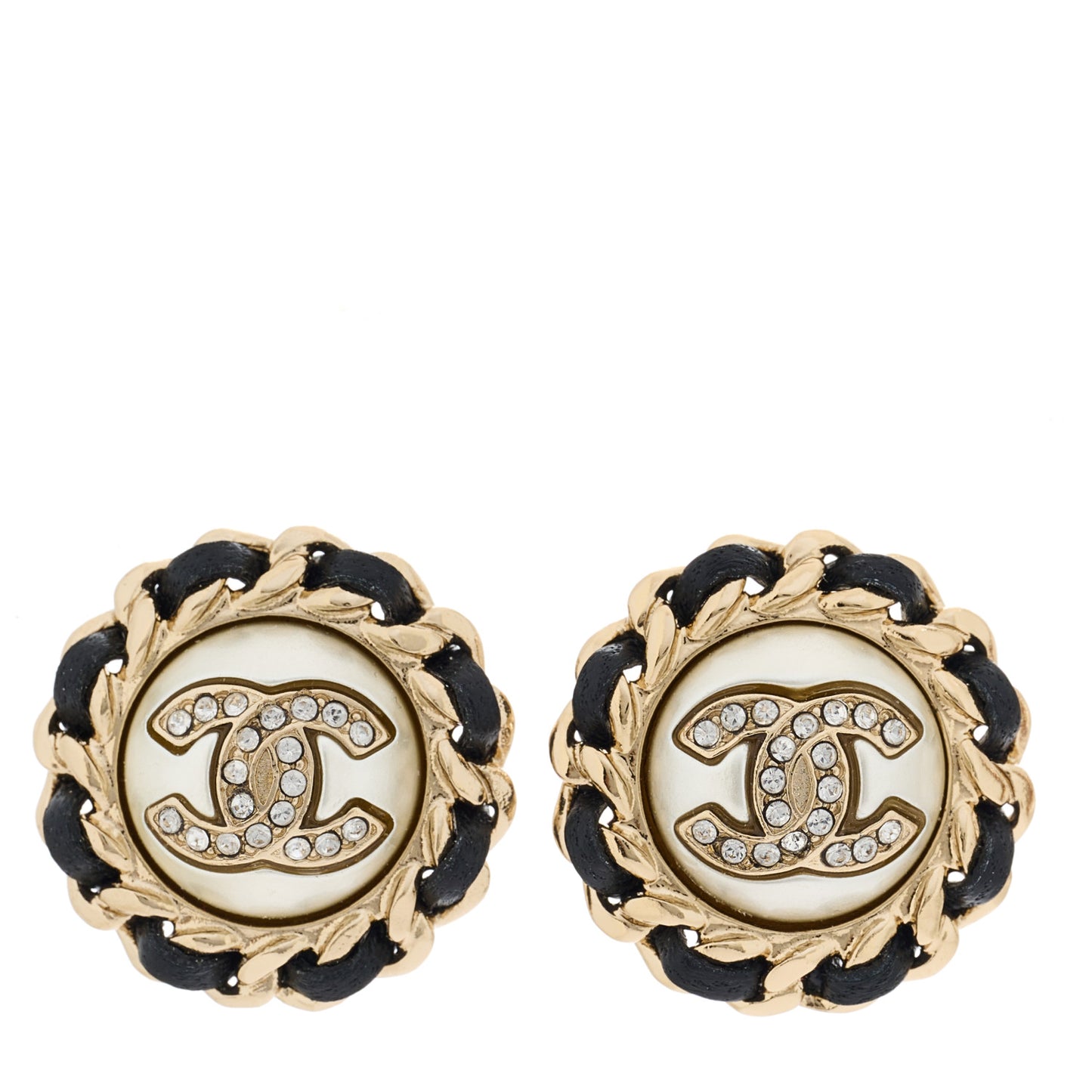Pearl Crystal Lambskin CC Earrings Gold Black