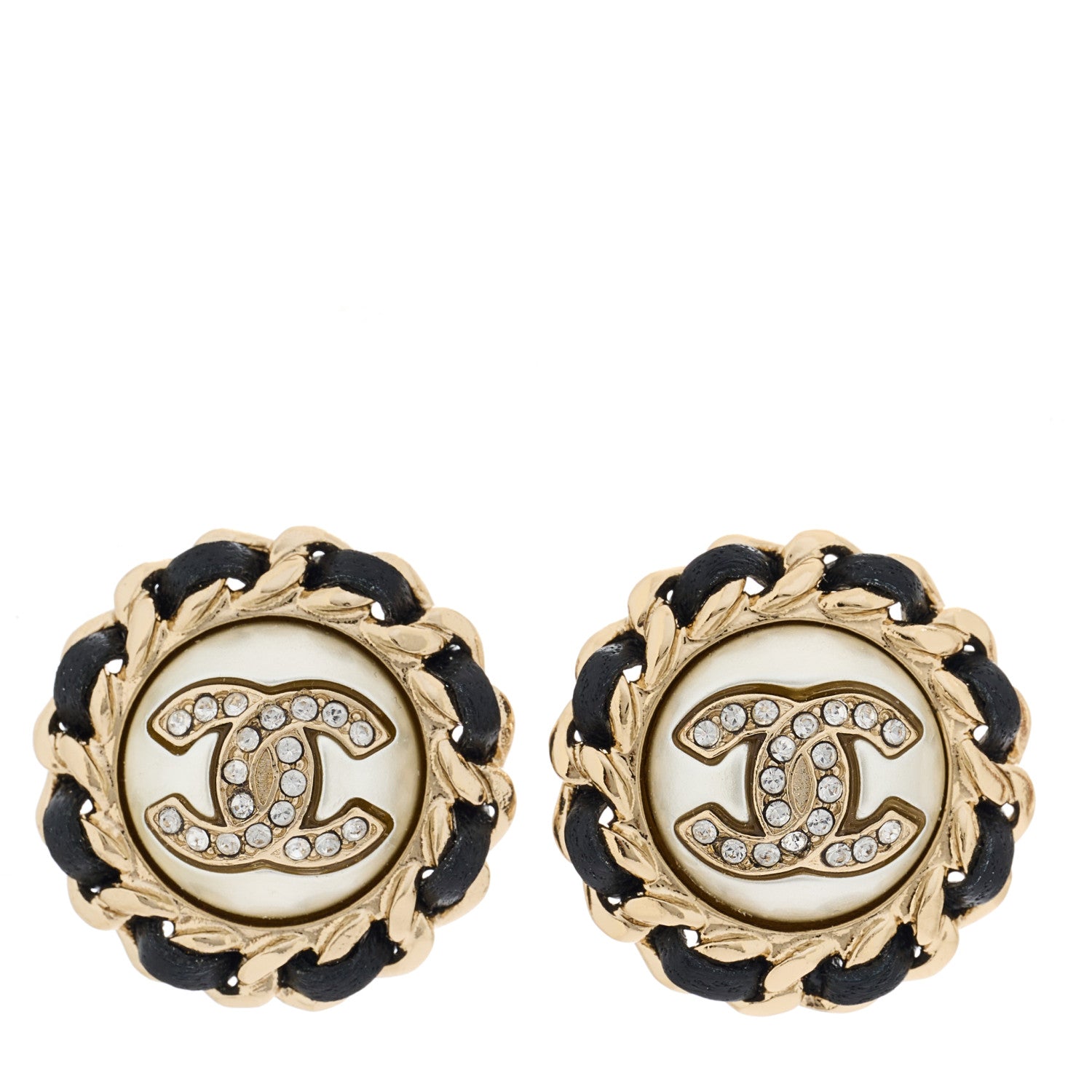 Chanel Pearl Crystal Lambskin CC Earrings Gold Black 1 of 5